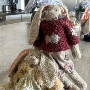 Handmade Plush Bunny Pair - Cream & Burgundy Outfit